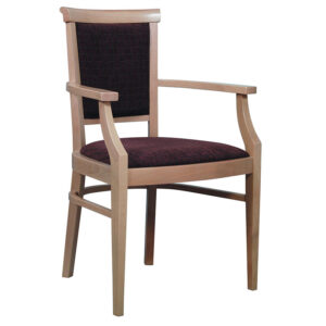 Introducing the Adel Armchair For Sale – a wooden chair with a cushioned seat and backrest, perfect as event furniture. The seat and backrest are upholstered in a dark fabric with a subtle pattern. The chair boasts a simple, elegant design with armrests and a light wood finish.